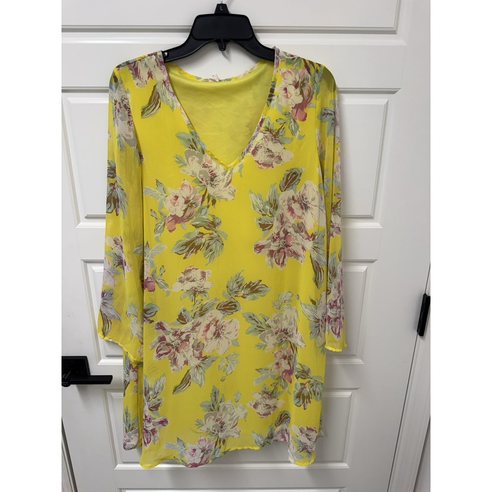 Pink Blush Womens Small Yellow Floral Long Sleeve V-Neck Lined Shift Dress A11